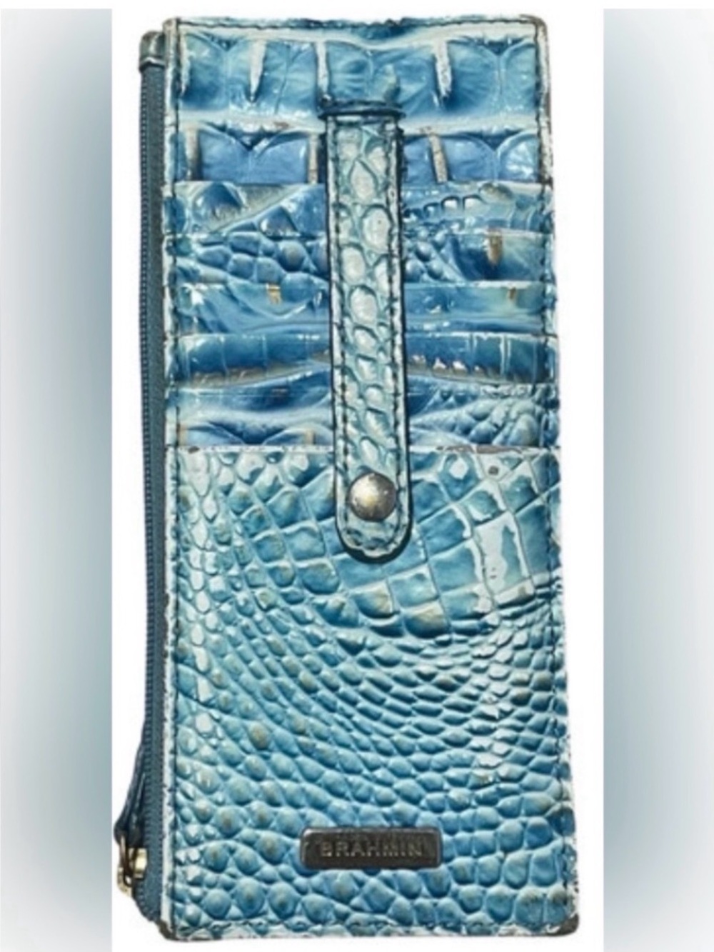 Brahmin Mermaid Blue Croc-Embossed Slim Leather Wallet